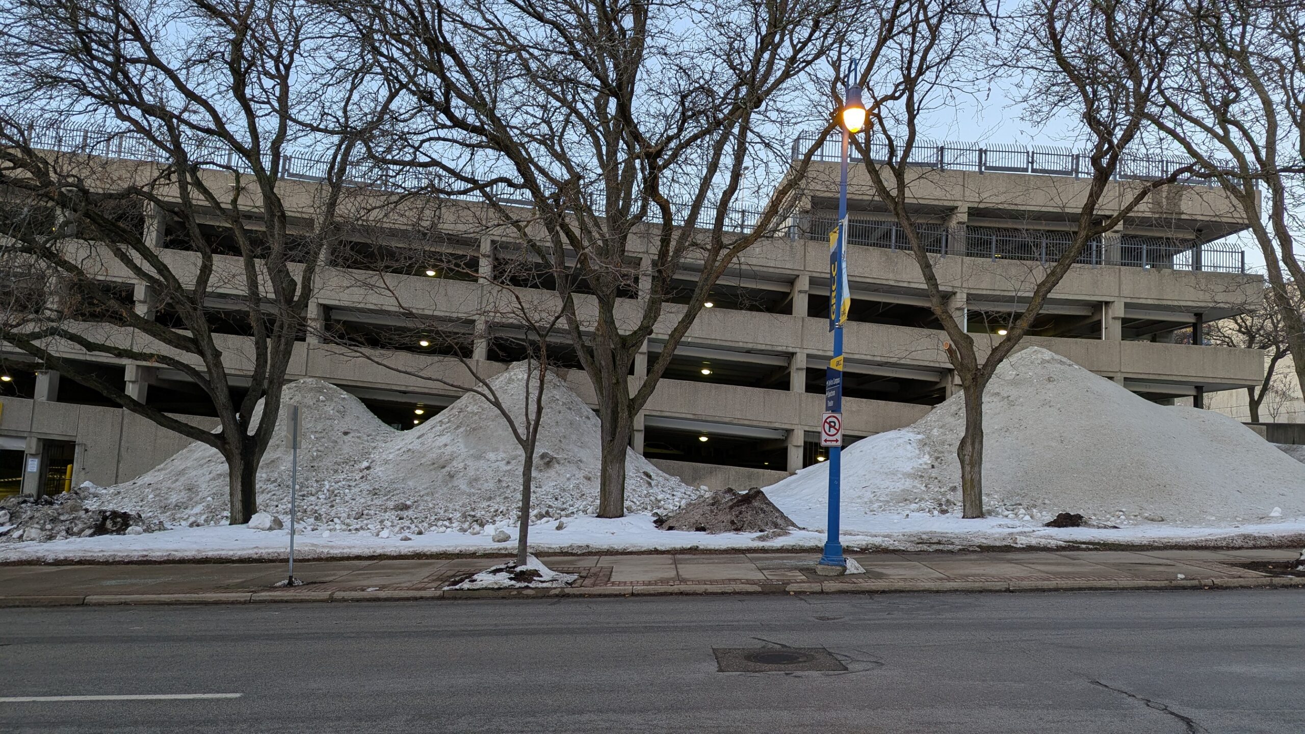 Piles of snow at the bottom of the Grand Rapids Community College parking ramp.