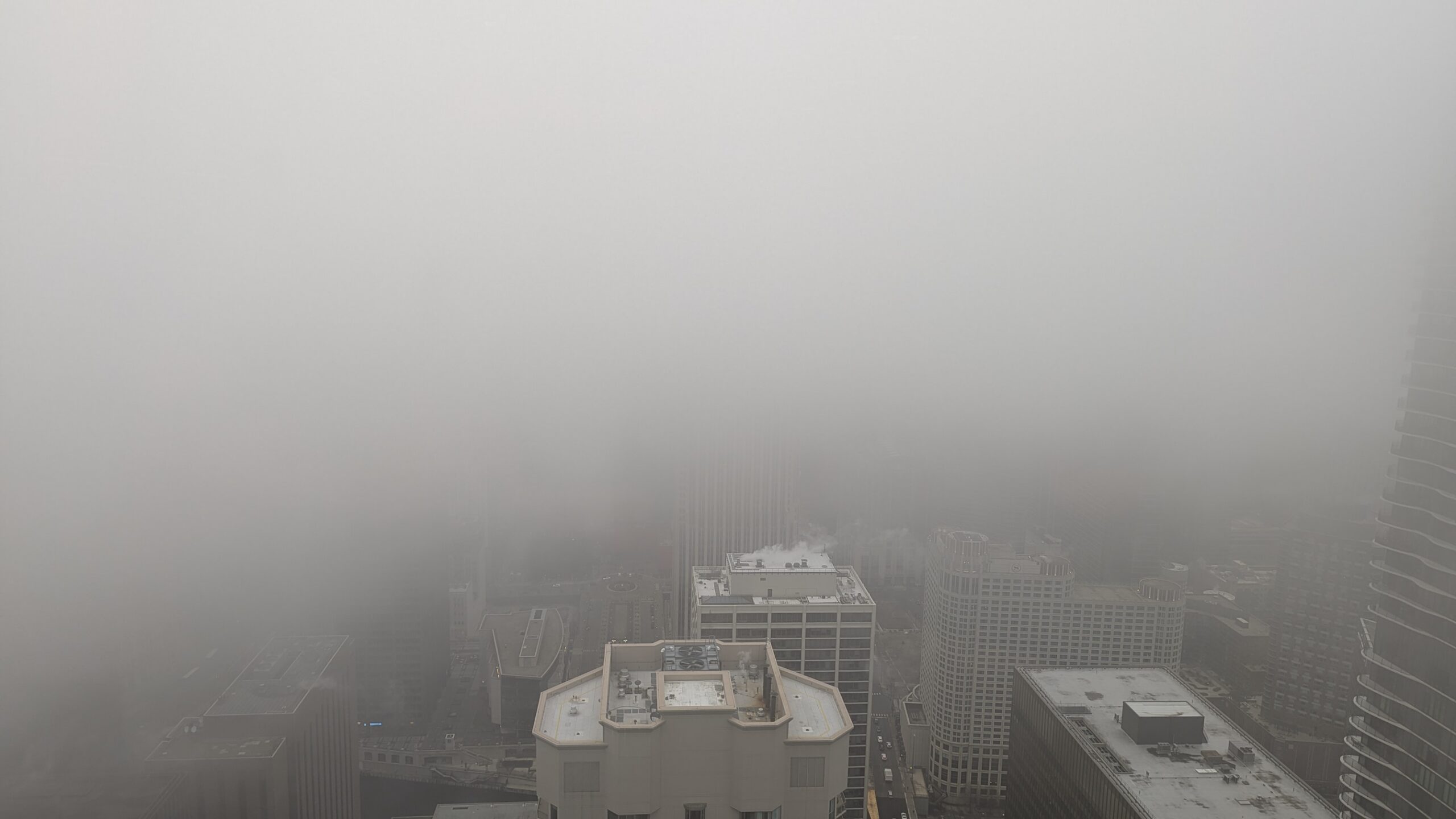The view of Chicago from high up in the Aon building in Chicago.